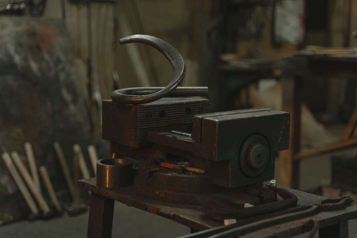 Close-up of metal equipment on a workbench